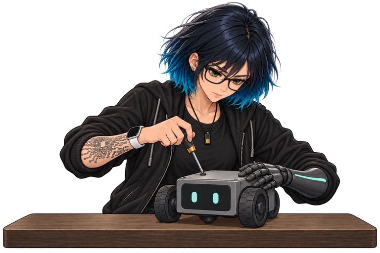 Krell working on a small robot at a workbench, an illustration of making and modifying your own bot