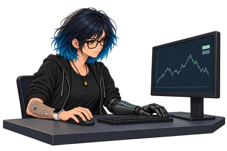 Krell working at her desktop computer, using the keyboard and mouse; the screen chart is illustrative